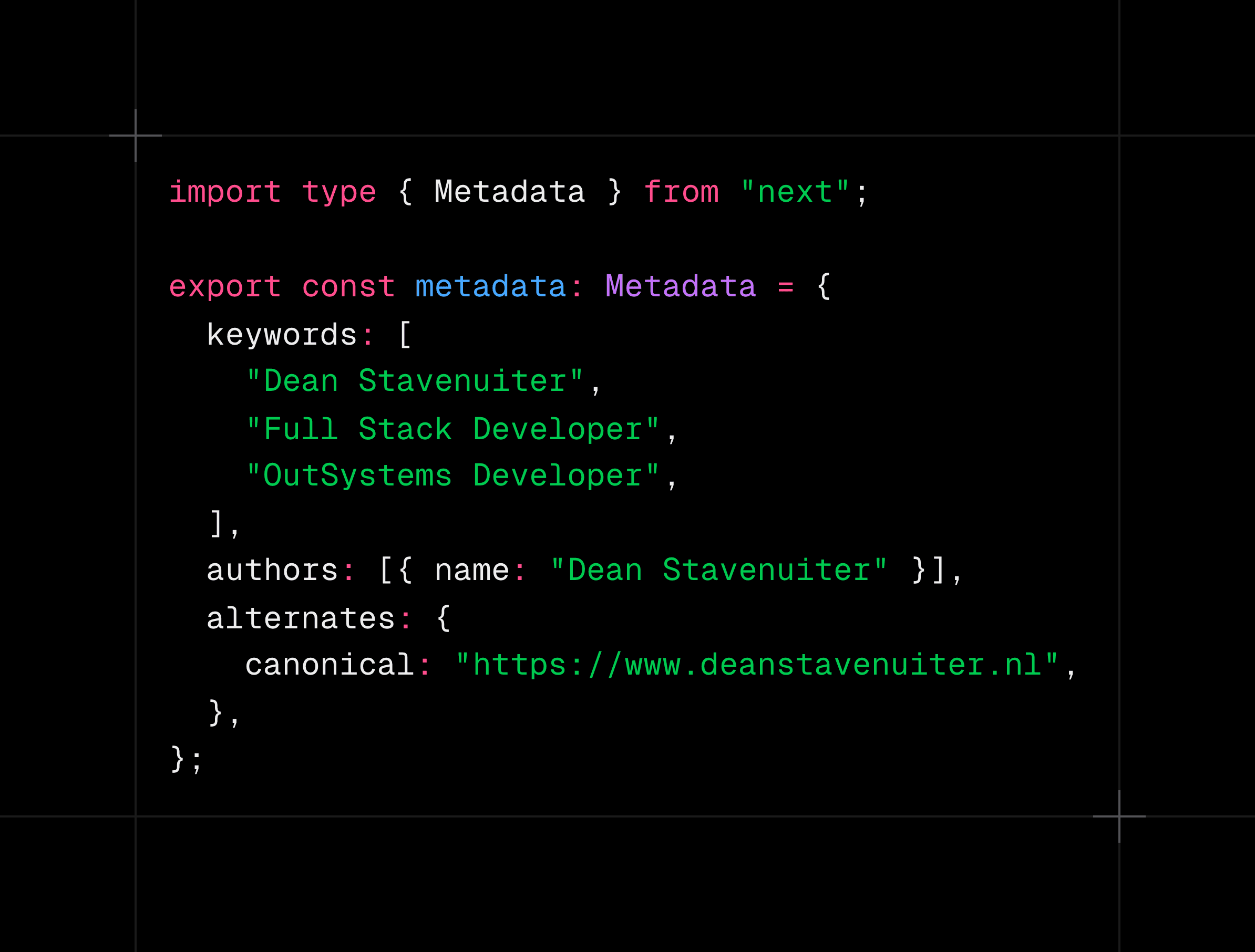 Next.js metadata configuration code showing keywords, authors and canonical URL settings for SEO