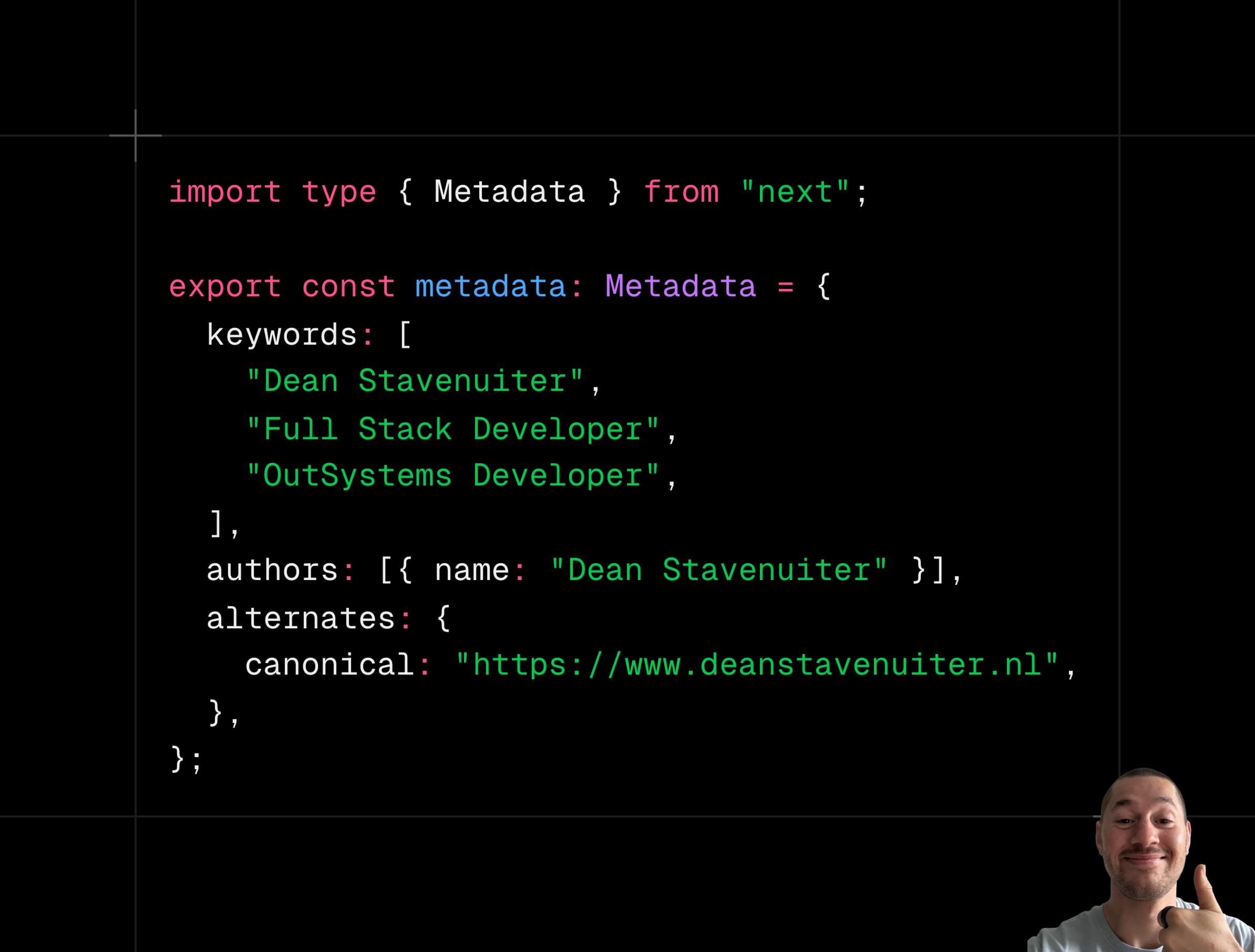 Next.js metadata configuration code showing keywords, authors and canonical URL settings for SEO